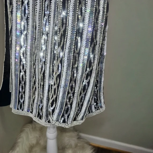 Papell Boutique Vintage 80s Black & Silver Beaded Sequin Silk Evening Jacket - Picture 6 of 13